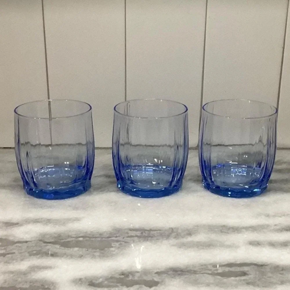 Oneida Valor Blue Juice‎ Glasses, Set of 3, Vintage Pasabahce Ribbed Tumblers